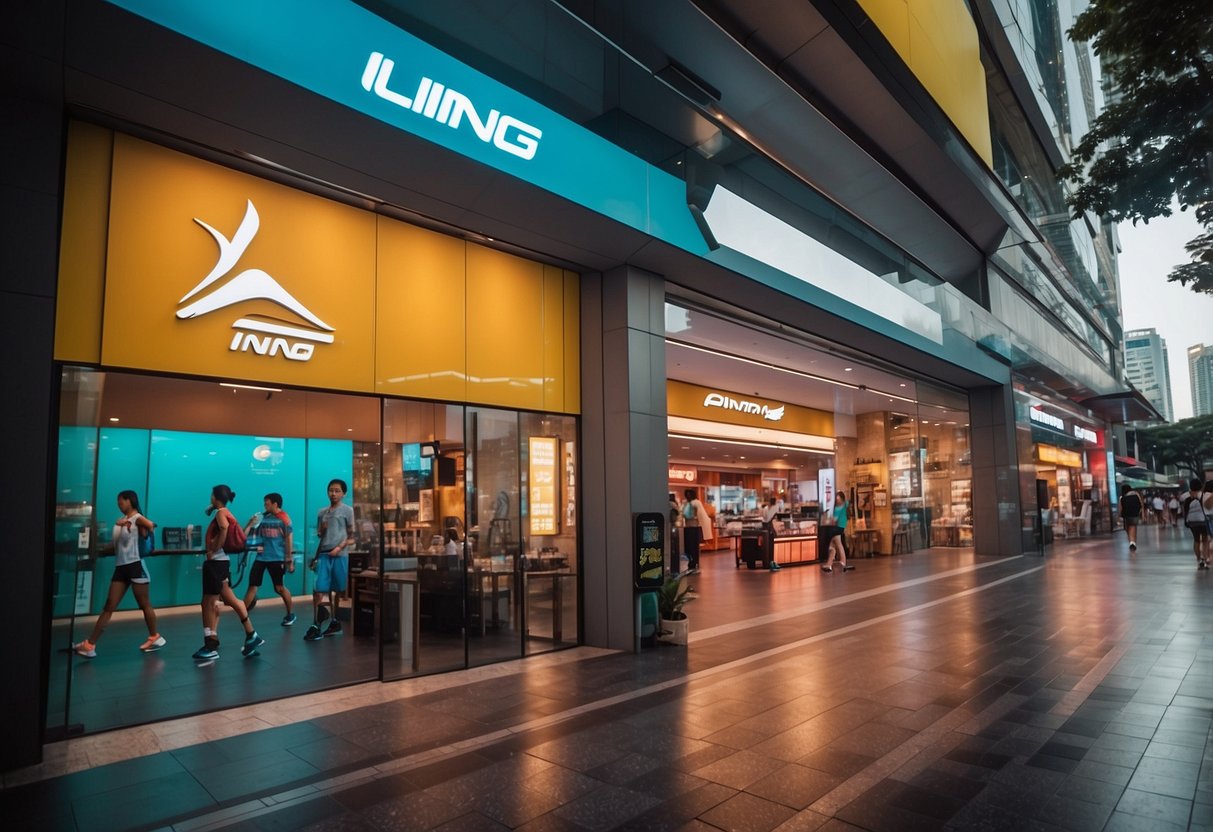 The bustling streets of Singapore are adorned with Li-Ning's vibrant storefront, showcasing the latest sports apparel and footwear. The iconic logo and sleek design draw in passersby, while the city's energy pulses around it