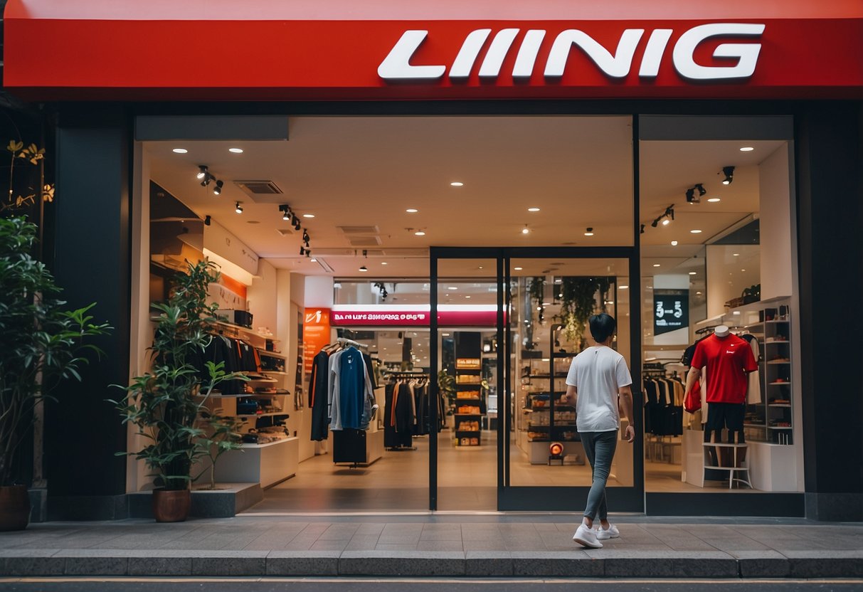 A person finds the Li-Ning Singapore store, with its bold signage and sleek storefront, nestled among other shops in a bustling urban area