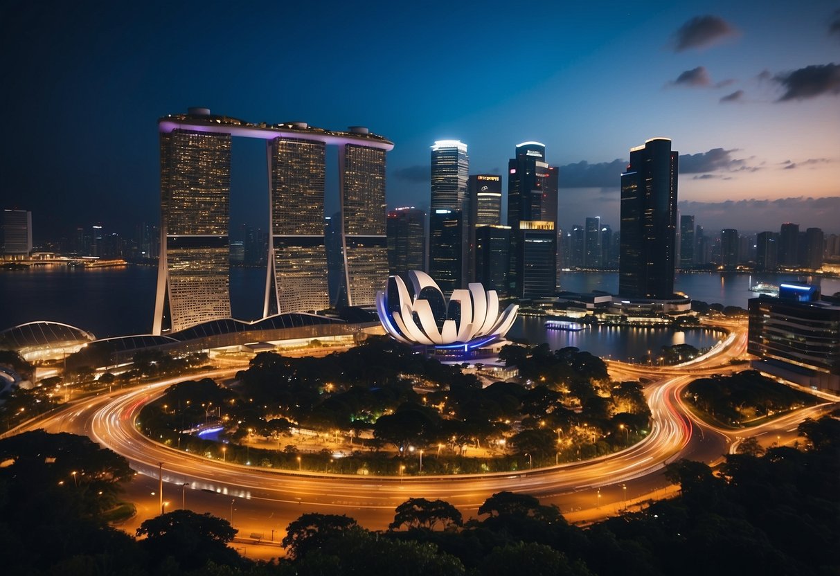 The bustling streets of Singapore city, with towering skyscrapers and colorful lights illuminating the night sky
