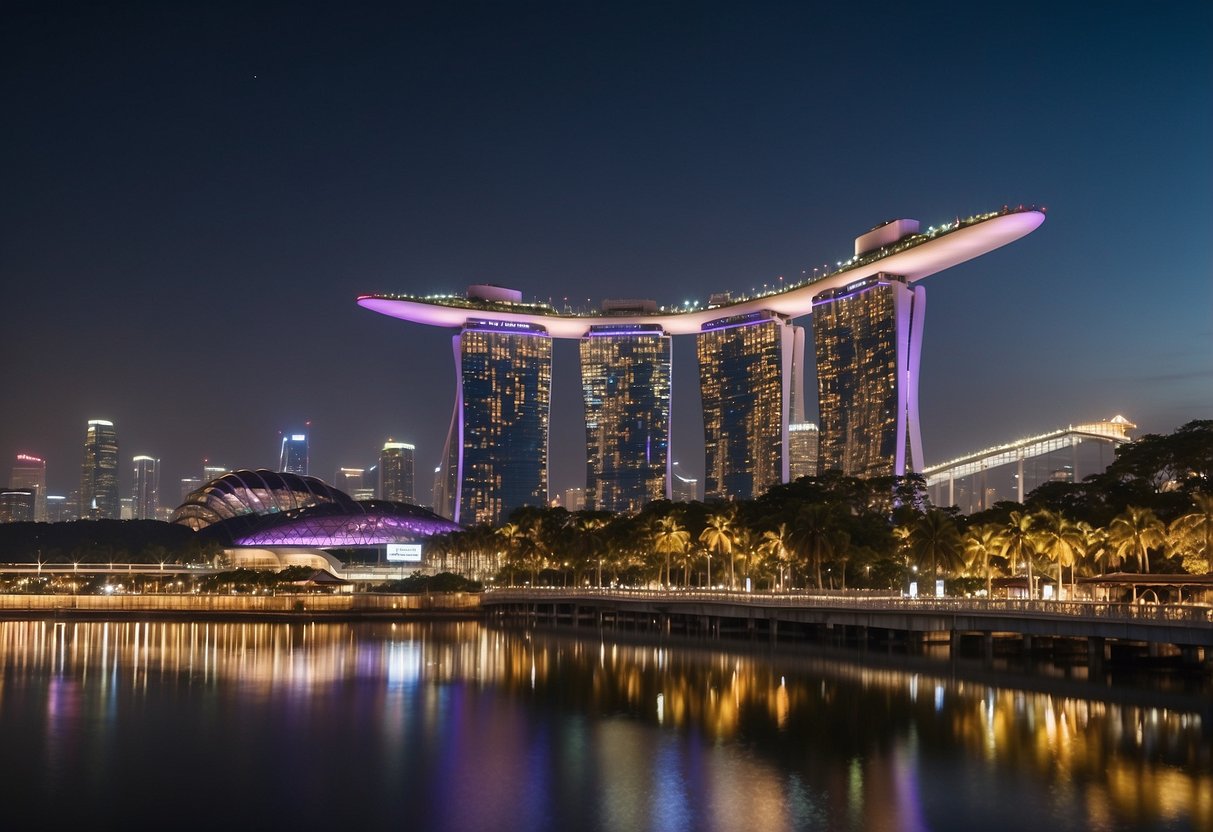 A bustling cityscape with iconic landmarks like the Marina Bay Sands, Gardens by the Bay, and the colorful shophouses of Chinatown