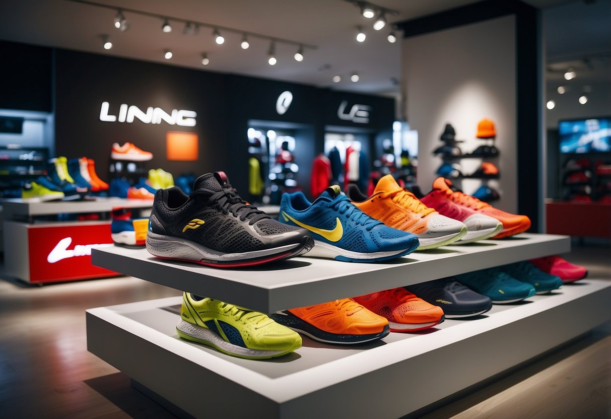 A display of Li-Ning's product range, showcasing various sports equipment and apparel in a well-lit showroom