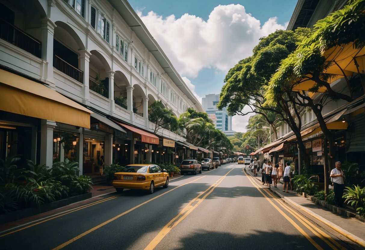 The bustling streets of Singapore, filled with vibrant colors and modern architecture, surrounded by lush greenery and traditional shophouses