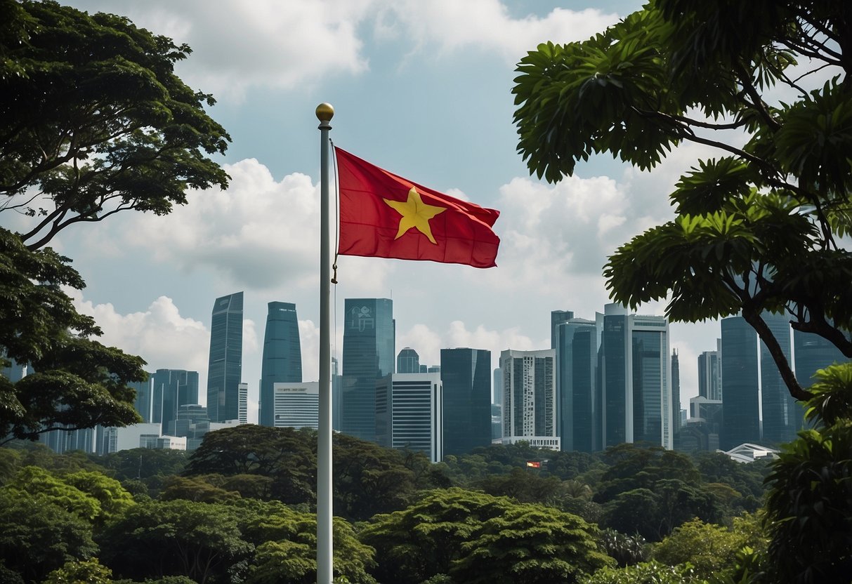 The Vietnam Embassy in Singapore stands tall and proud, with a flag flying high in the sky, surrounded by lush greenery and a bustling cityscape in the background