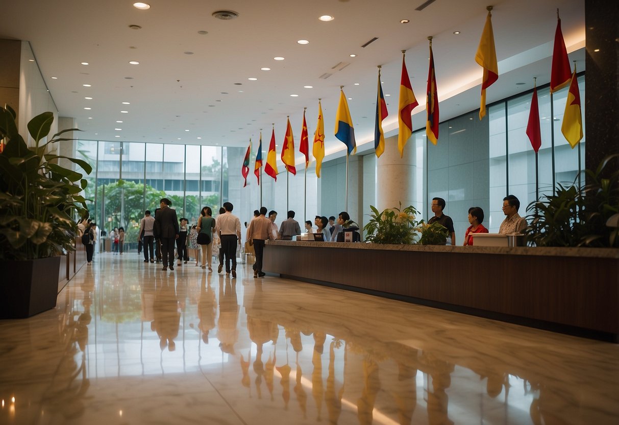 The bustling lobby of the Vietnam Embassy in Singapore, with people waiting in line for consular services. Brightly colored flags adorn the walls, and the embassy's logo is prominently displayed