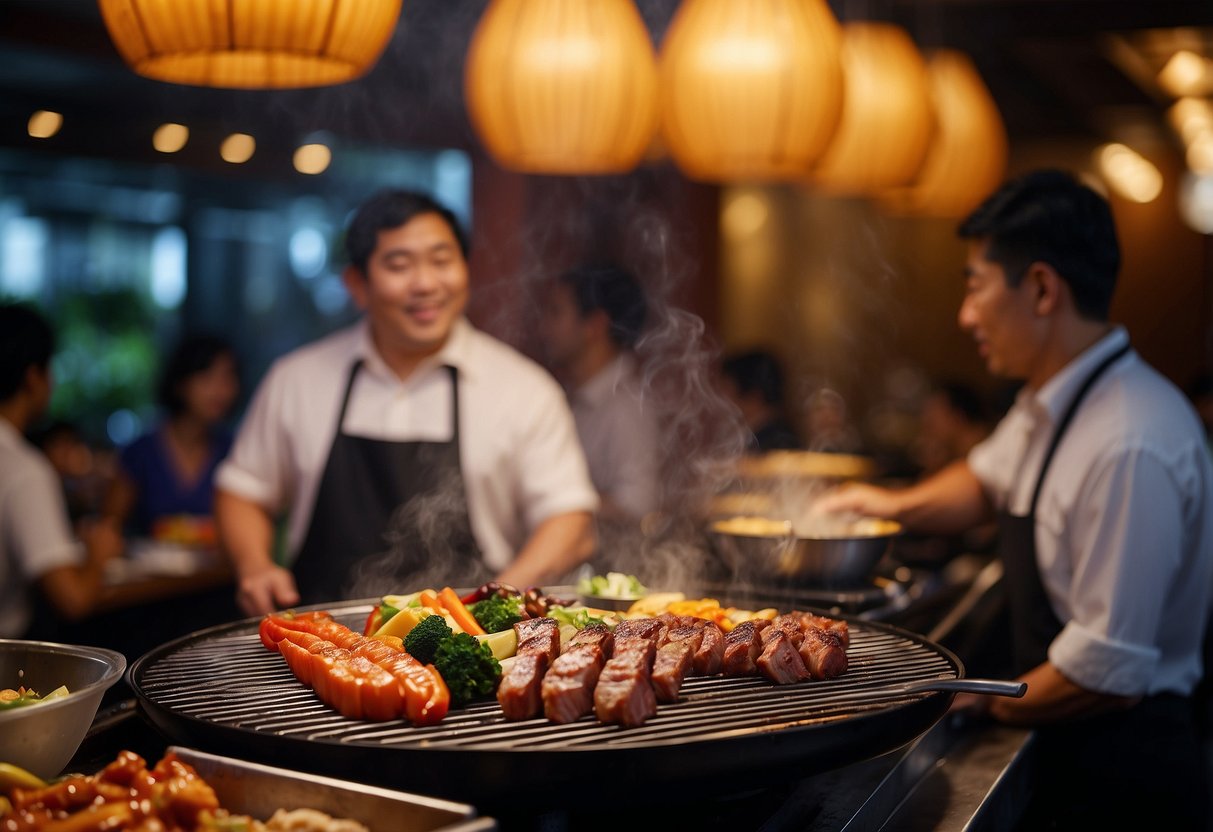 A sizzling grill with assorted meats and vegetables, surrounded by diners enjoying the aroma and lively atmosphere at a yakiniku restaurant in Singapore