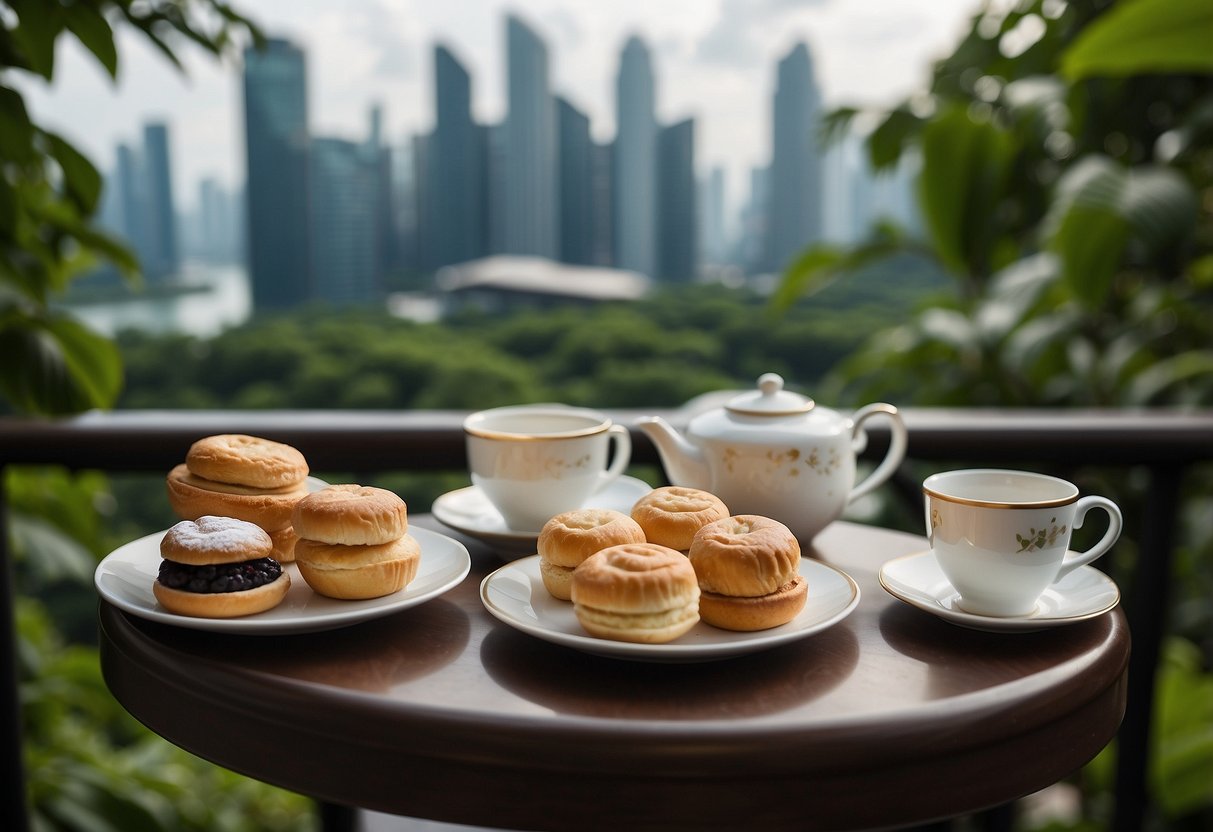 A table set with elegant teacups, saucers, and a tiered tray of pastries, amidst a backdrop of lush greenery and a view of the Singapore skyline