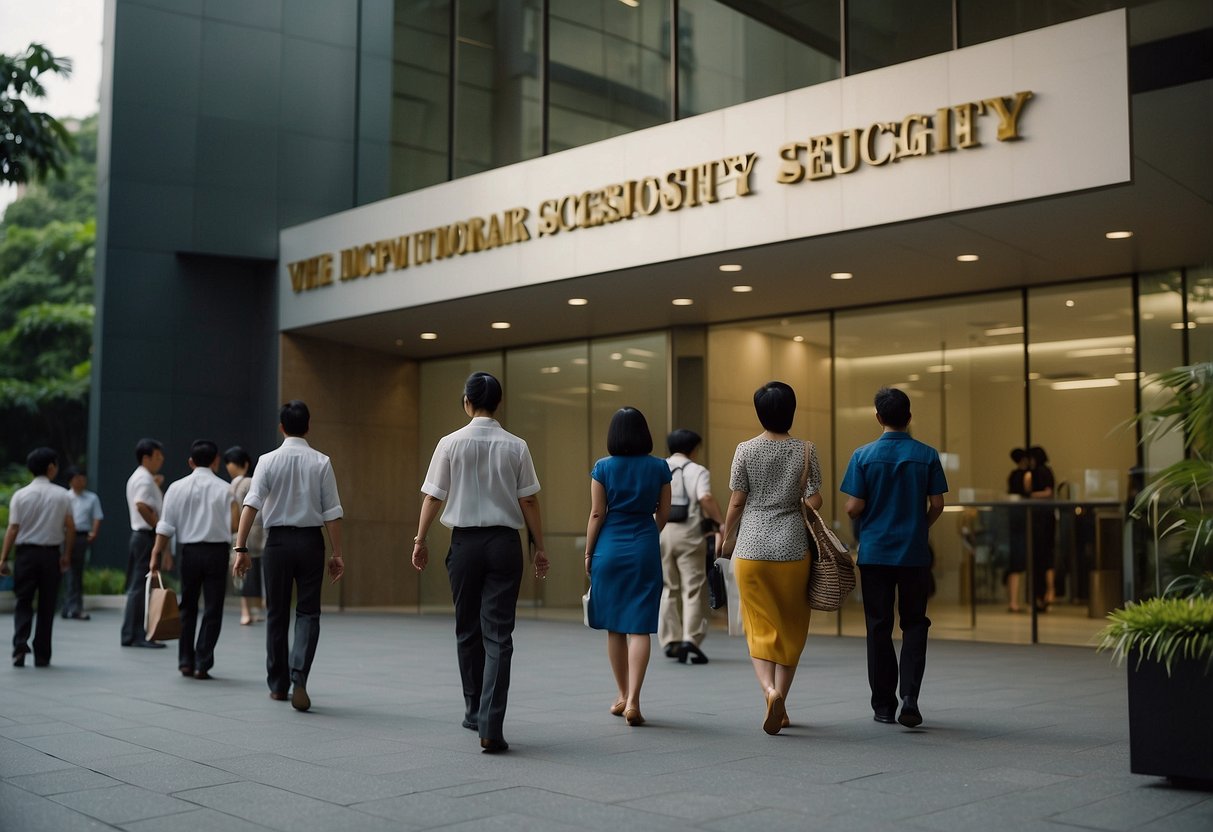 Visitors approach the Vietnam Embassy in Singapore, passing through security and entering the building. Signs display contact information and visiting hours