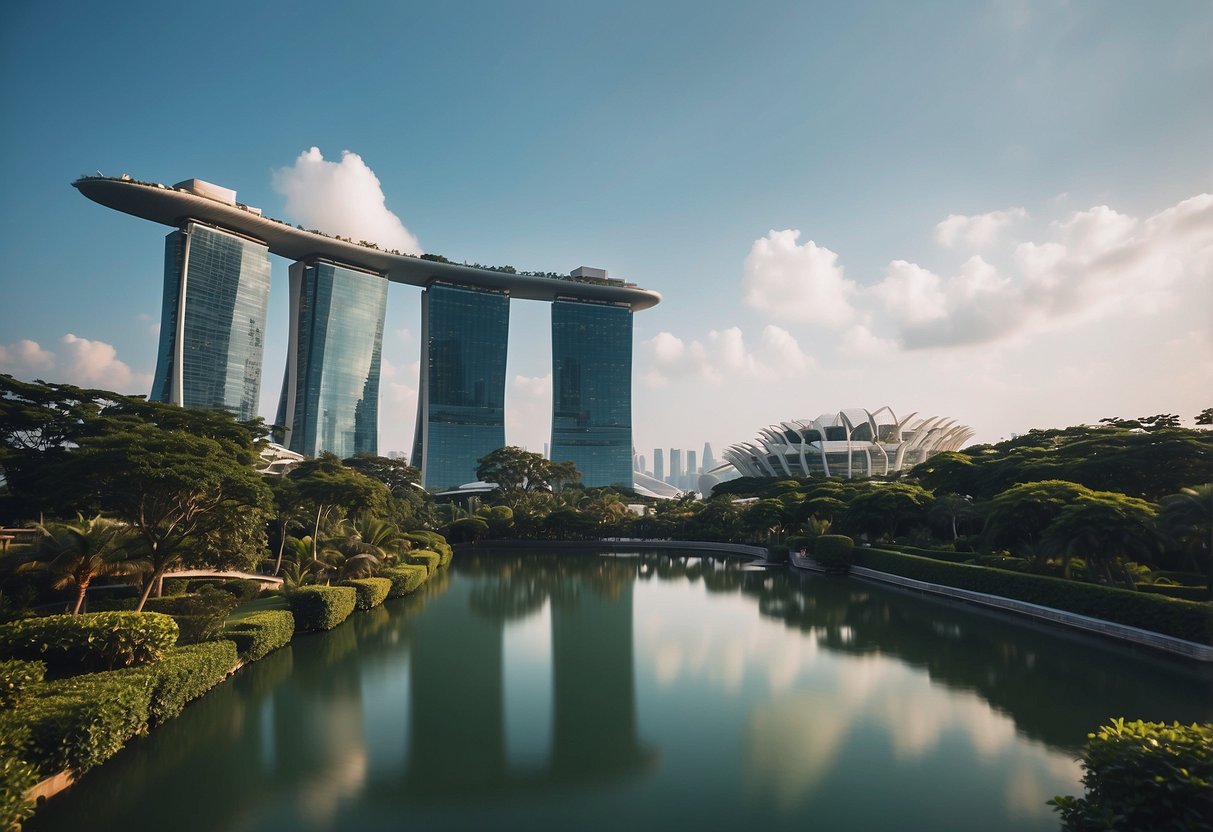 A bustling cityscape of modern architecture and lush greenery, with iconic landmarks like the Marina Bay Sands and the futuristic Gardens by the Bay