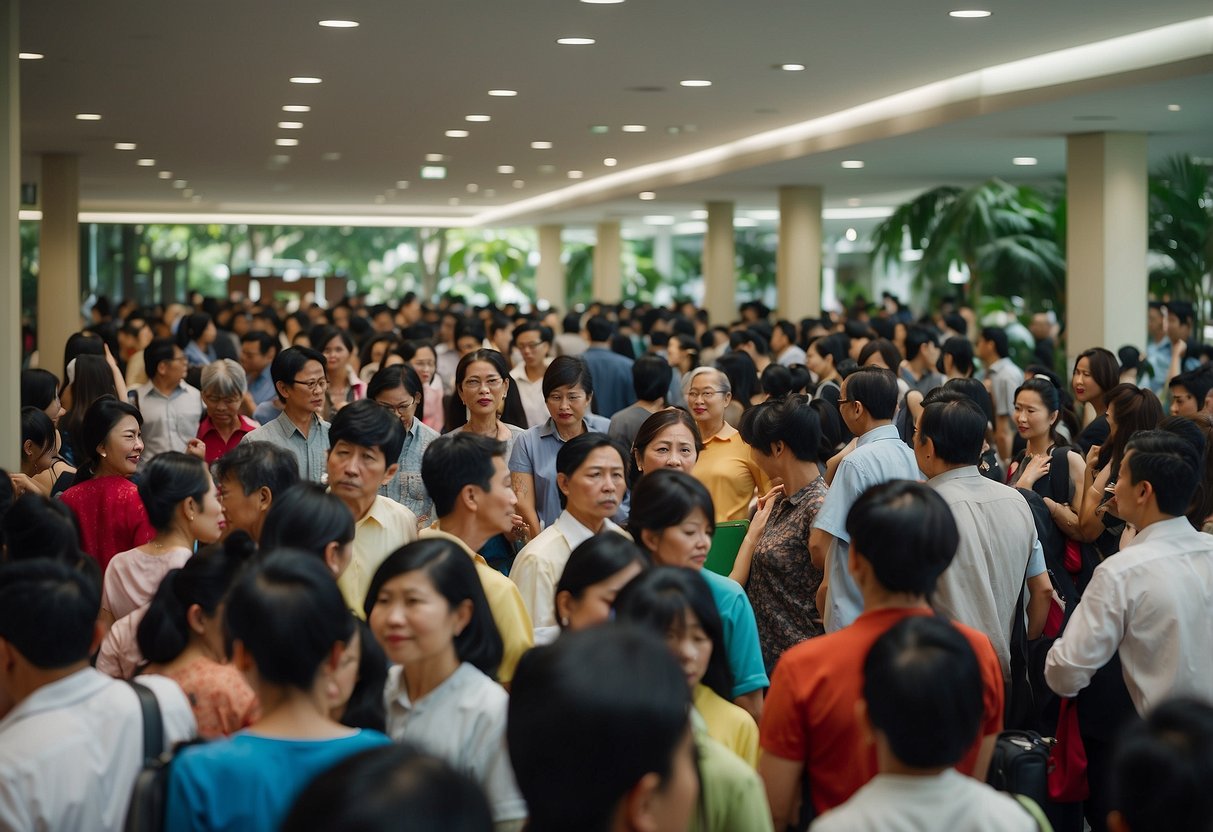 A crowded waiting area at the Vietnam Embassy in Singapore, with people queuing and seeking assistance at information counters