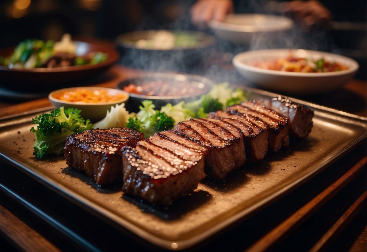 A sizzling grill, platters of marinated meat, and a cozy atmosphere at a Yakiniku restaurant in Singapore
