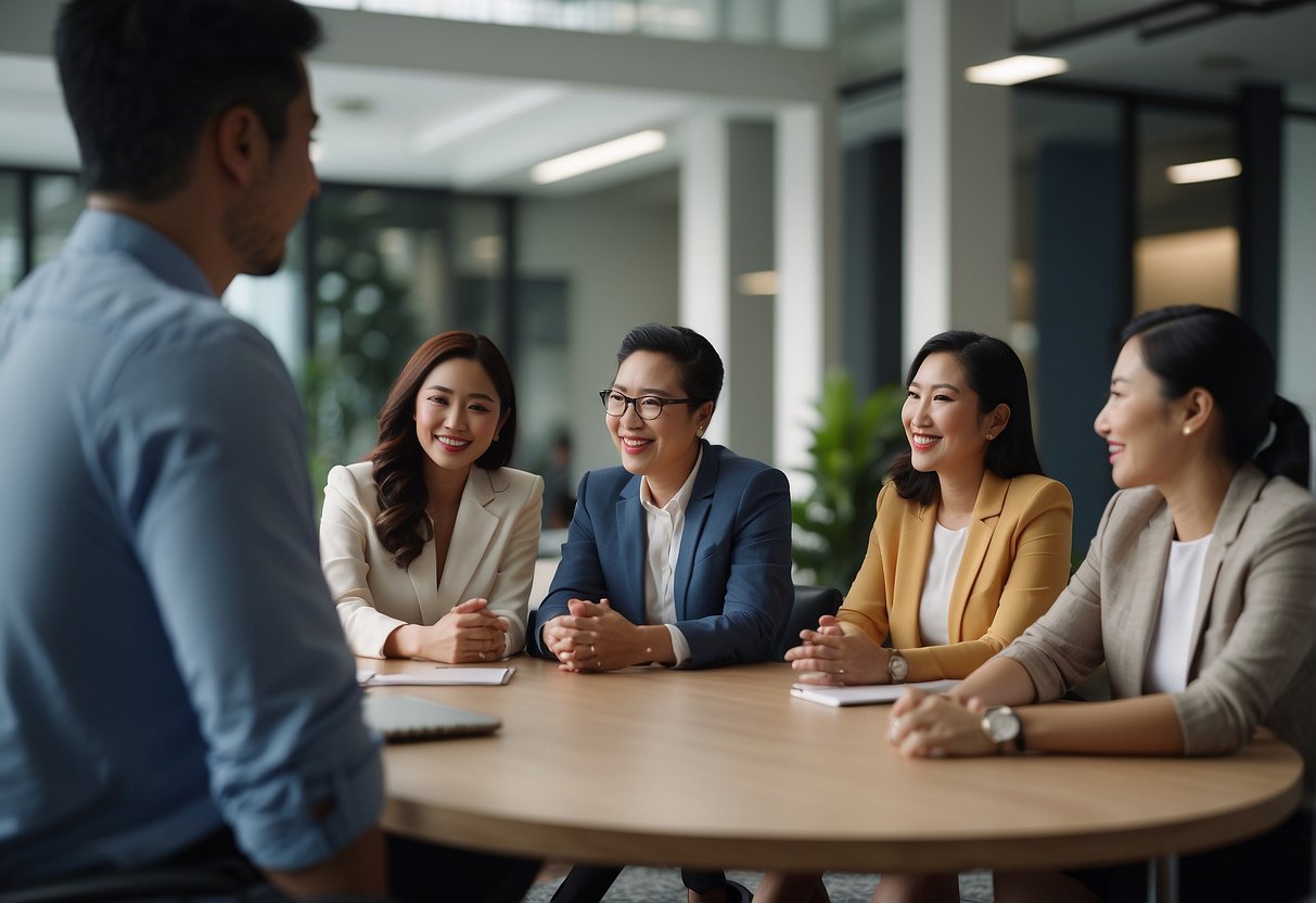 A group of diverse individuals collaborate in a modern office setting, brainstorming and discussing strategic development and community engagement in Singapore