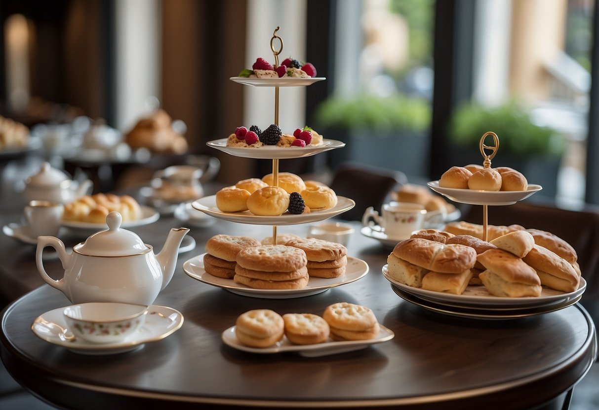 Elegant tables set with tiered trays of pastries, scones, and sandwiches. Teapots and fine china adorn the tables in a luxurious setting