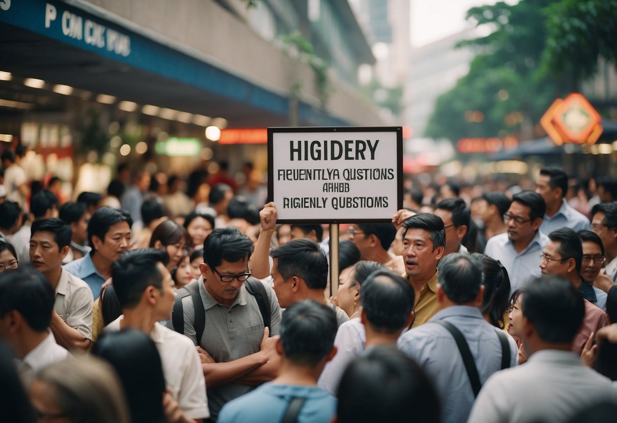 A crowd gathers around a sign reading "Frequently Asked Questions" in a bustling Singapore marketplace