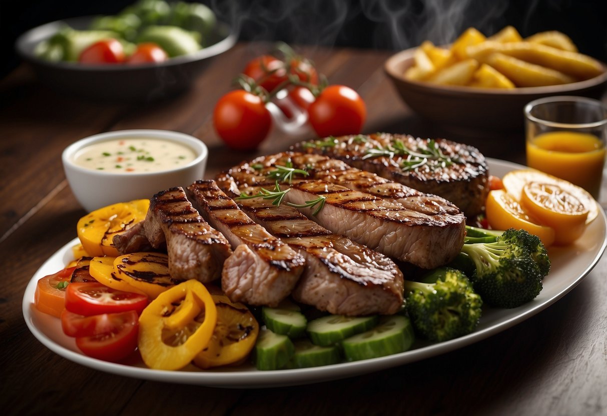 A table set with a grill, various cuts of marinated meat, and fresh vegetables, accompanied by dipping sauces and a sizzling hot plate