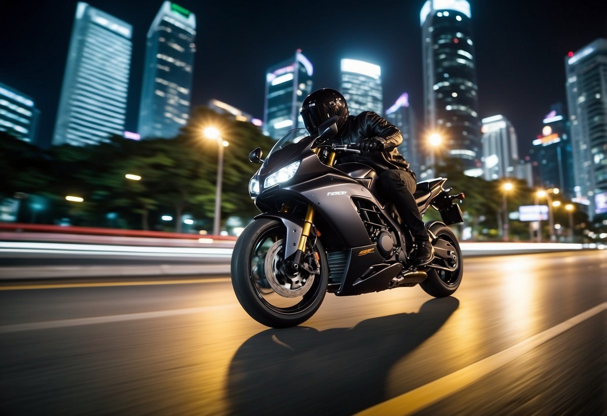 A sleek motorcycle speeds through the bustling streets of Singapore. The vibrant cityscape and iconic landmarks serve as the backdrop for the powerful machine