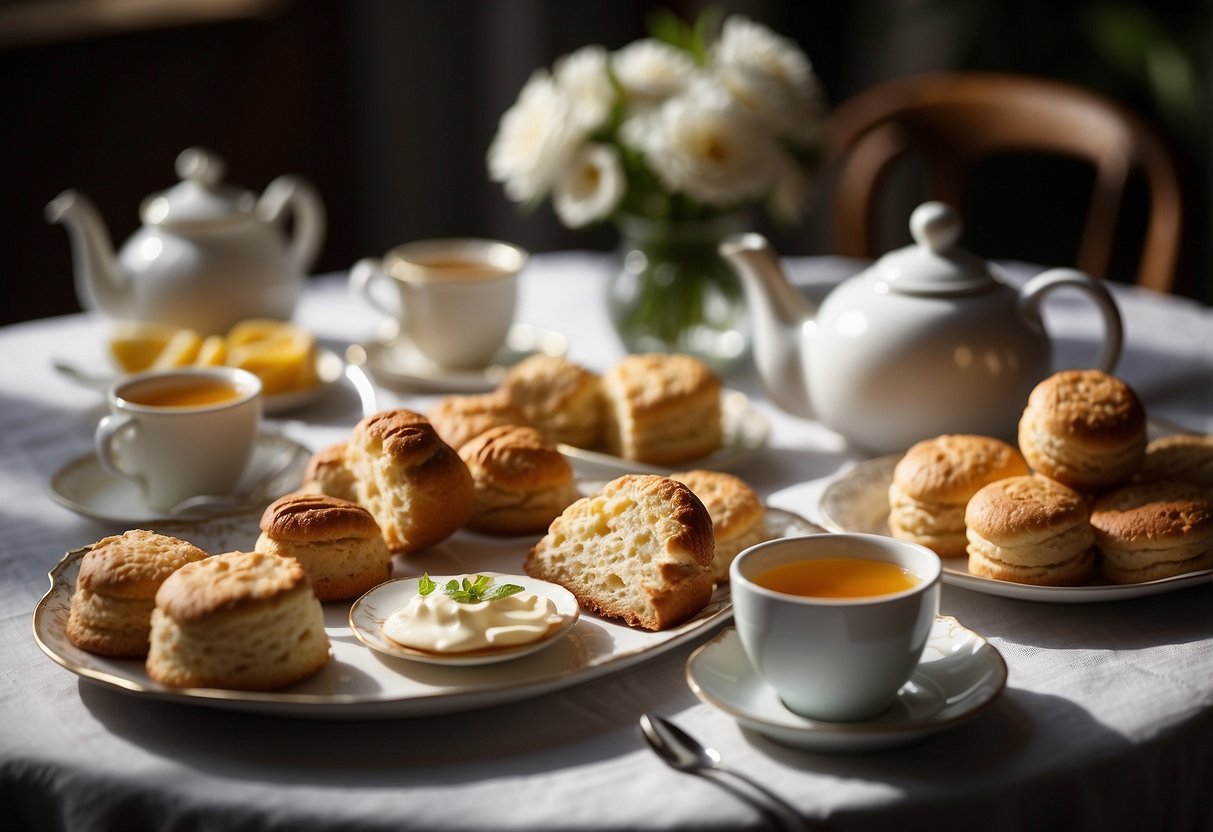A table is set with an array of delicate pastries, scones, and finger sandwiches. A teapot steams as cups are filled with fragrant tea