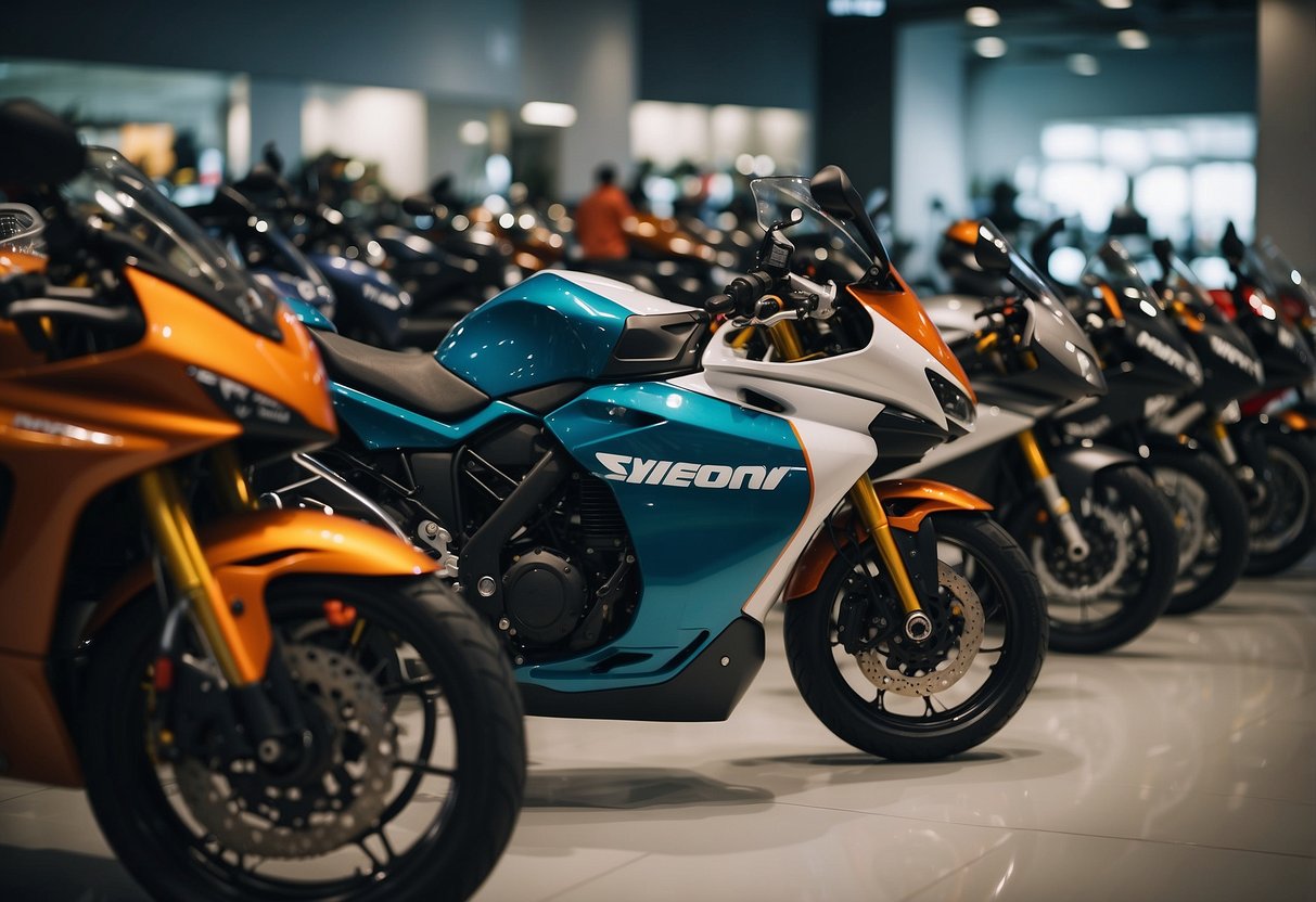 A person browsing through various motorcycles at a dealership in Singapore, with different models and colors on display