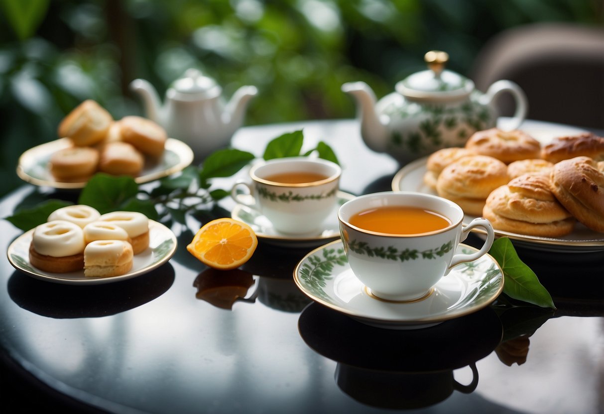 An elegant tea set arranged on a table with delicate pastries and sandwiches, surrounded by lush greenery and a tranquil ambiance