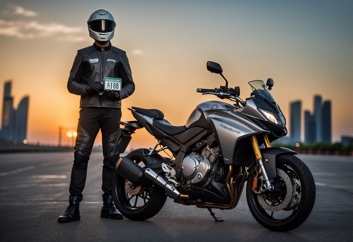 A person standing next to a sleek motorcycle, holding a key and wearing a helmet. A motorcycle license plate with "Singapore" is visible