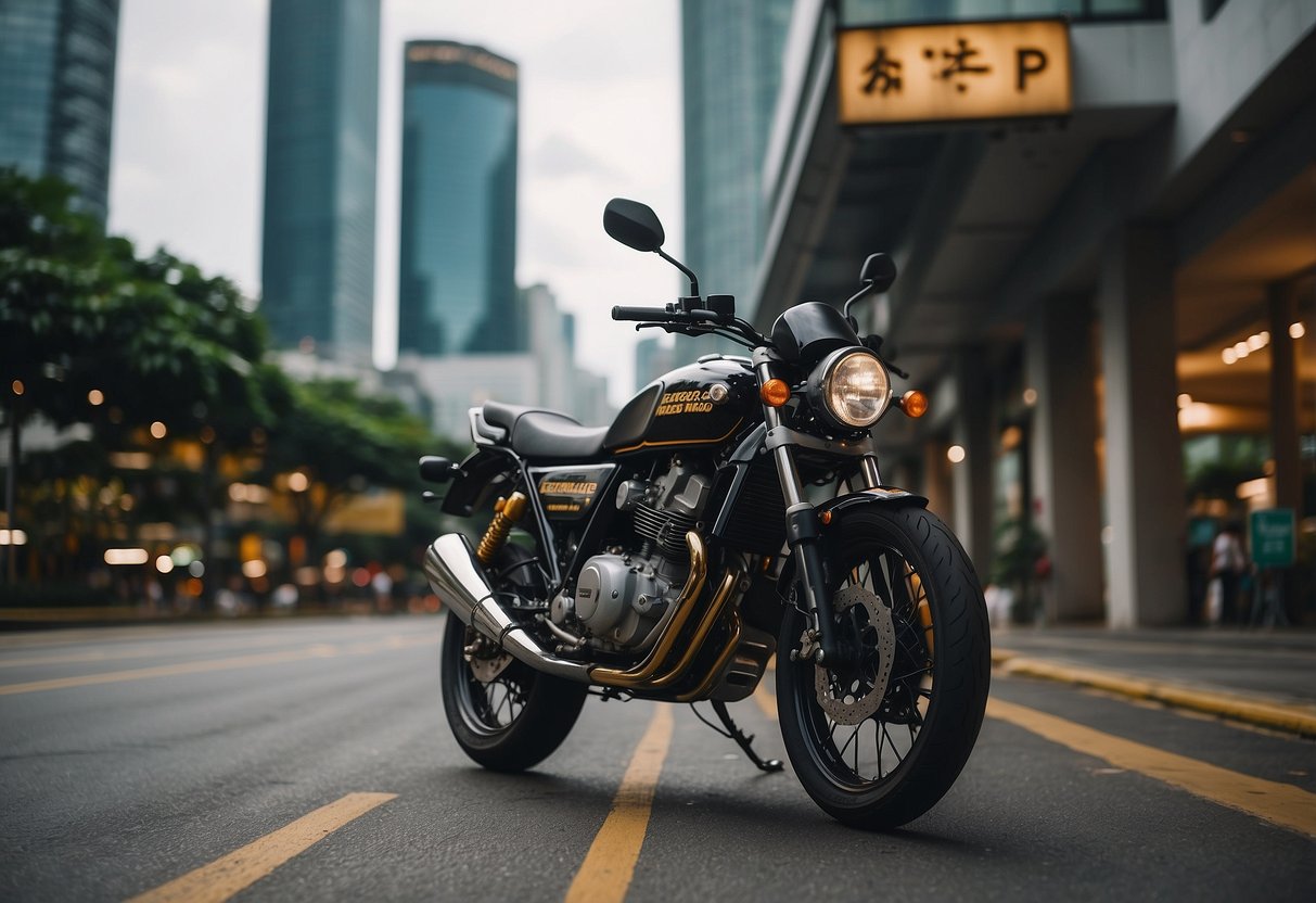 A motorcycle parked in front of a Singapore cityscape with a sign reading "Frequently Asked Questions" in the background