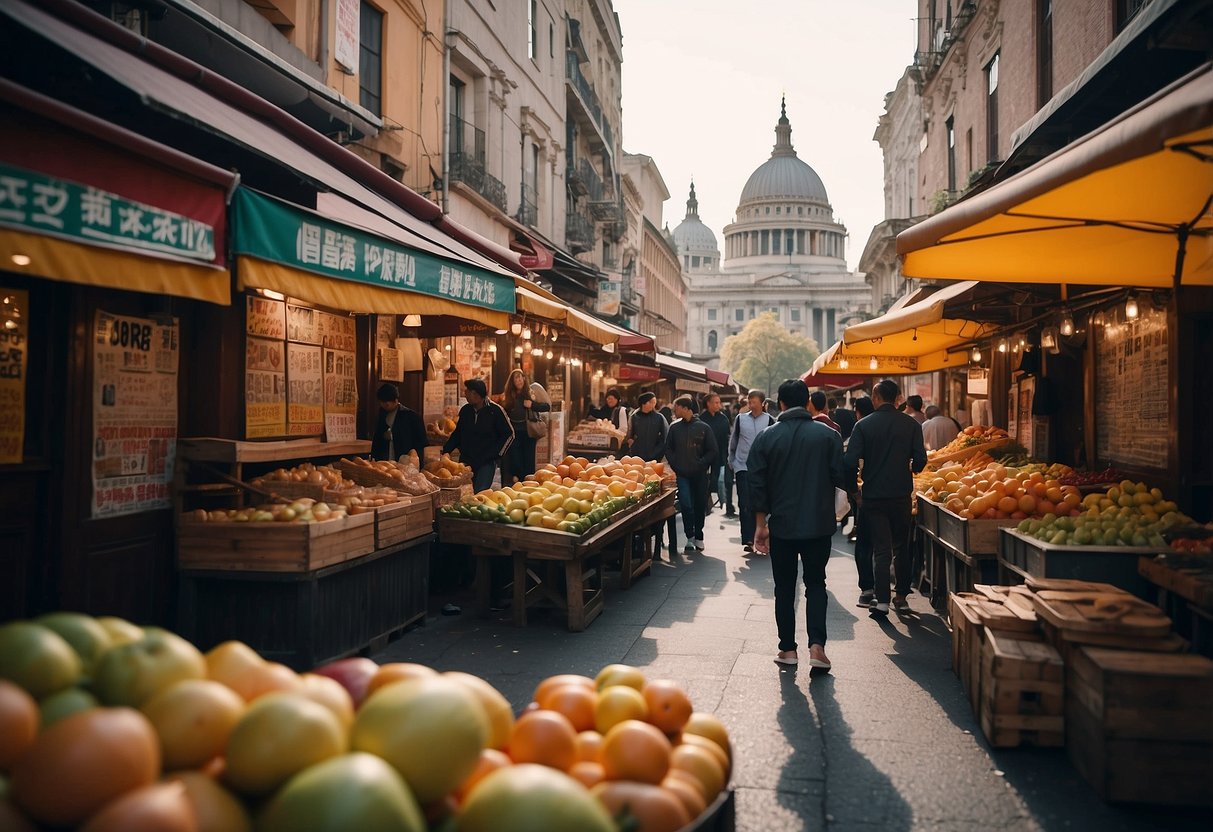 A bustling cityscape with iconic landmarks, vibrant street markets, and diverse cultural influences