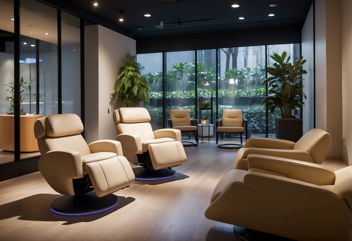 A serene, modern showroom with sleek massage chairs, soft lighting, and serene music, inviting visitors to explore the innovative wellness products at Ogawa Singapore