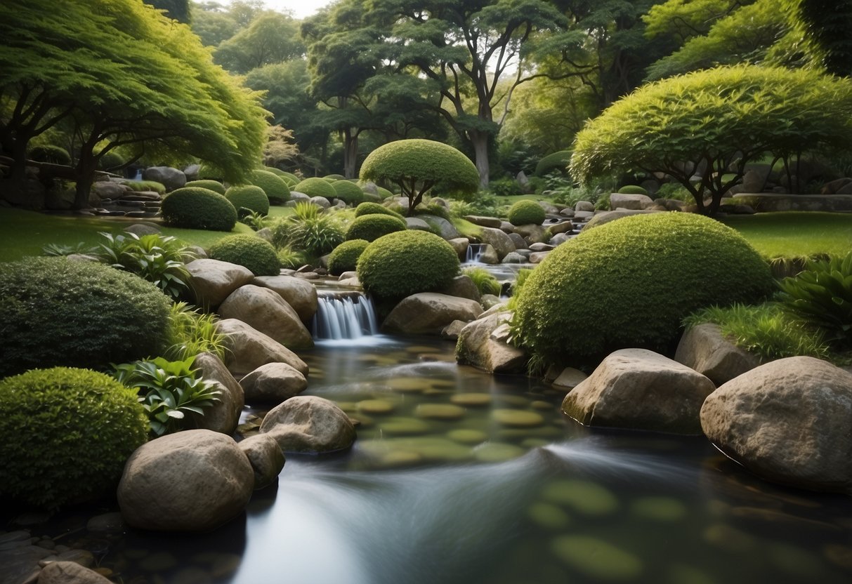 A serene garden with a flowing stream, lush greenery, and a tranquil atmosphere, showcasing the essence of "The Ogawa Difference."