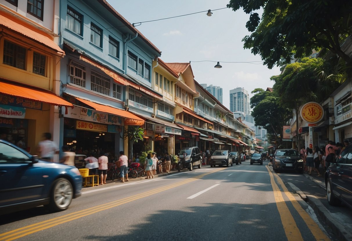 The bustling Pasir Panjang Road in Singapore, lined with colorful shophouses and bustling with activity