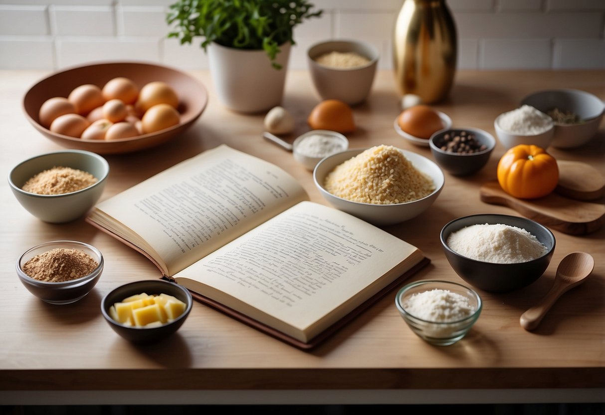 Ingredients and kitchen tools spread out on a clean countertop in a bright, modern kitchen. A recipe book open to a page on baking with various utensils and mixing bowls nearby