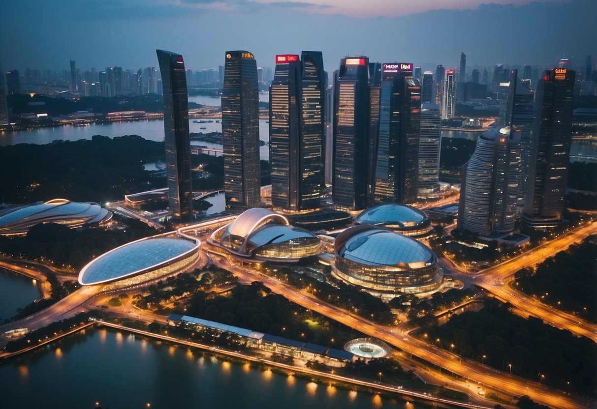 A vibrant cityscape of modern architecture and bustling streets in Singapore, with iconic landmarks and a mix of traditional and contemporary buildings