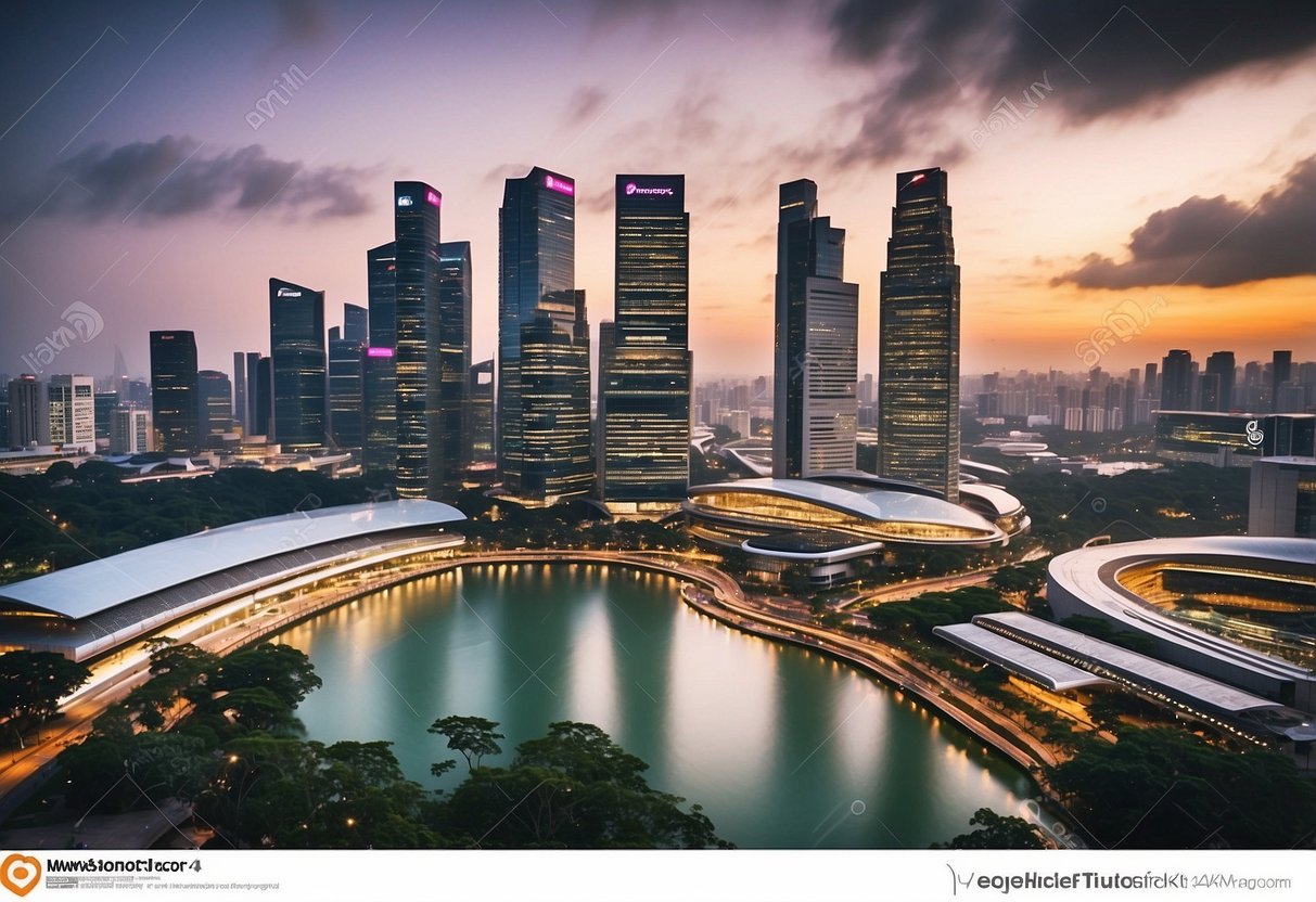 The bustling city of Singapore, with its iconic skyline and modern architecture, is depicted in the scene. The vibrant energy of Bloomberg's presence in the city is evident, with its sleek and contemporary office building standing tall amidst the urban landscape