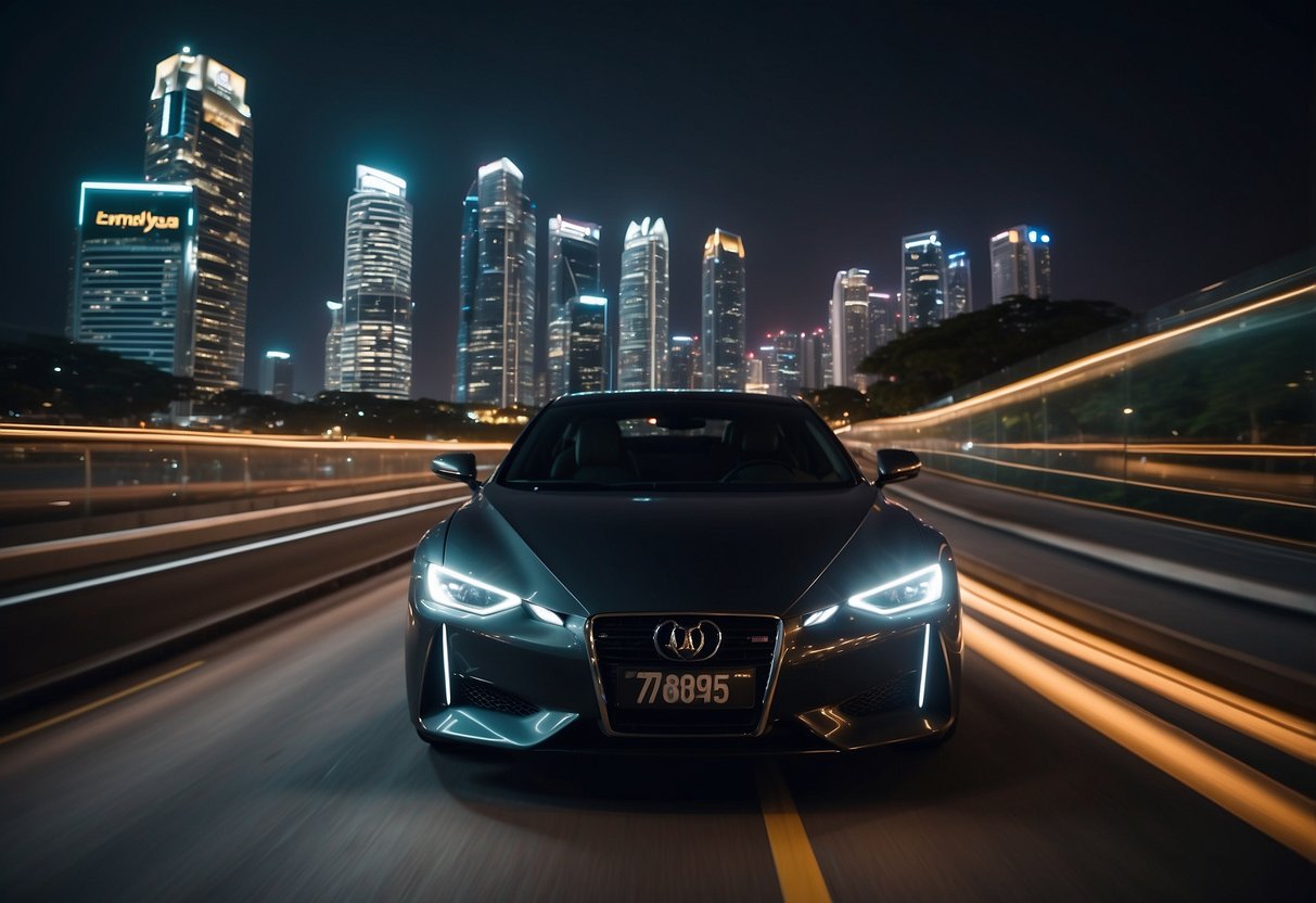 A sleek car zooms through the futuristic cityscape of Singapore, its lights illuminating the streets as it glides through the night