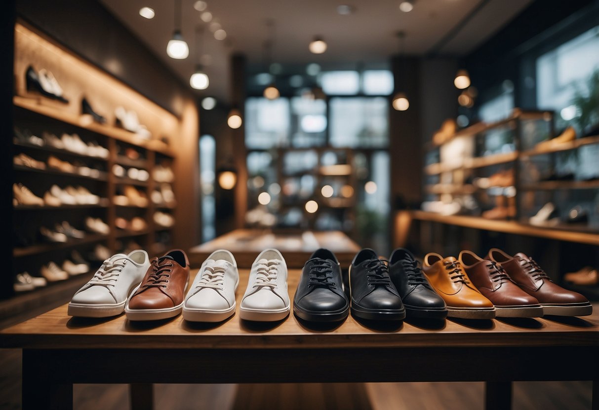 A table displaying various shoes and promotional signs at an anothersole store in Singapore