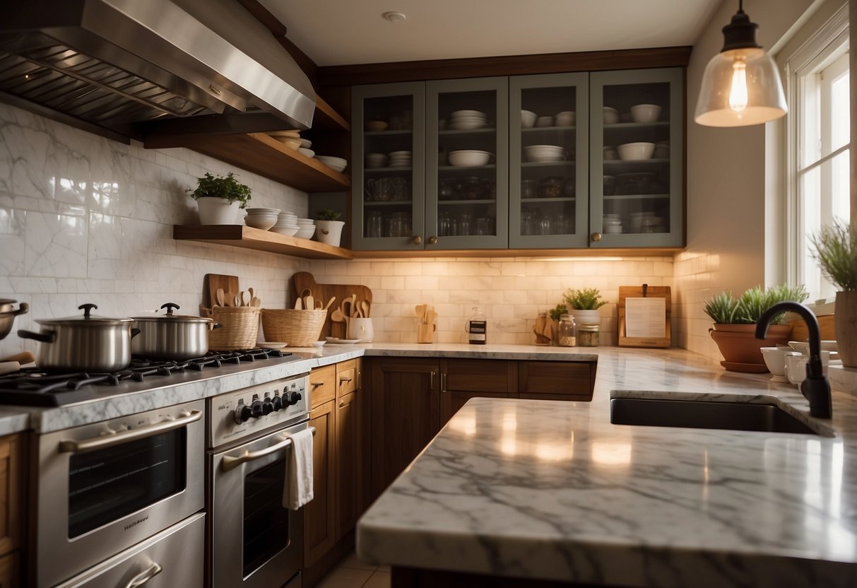 A well-lit kitchen with a marble countertop, filled with various baking tools and ingredients neatly organized on the shelves. A large, open oven stands in the background, emitting a warm glow