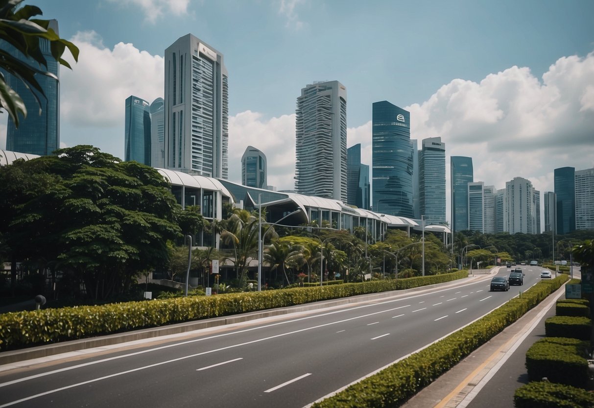 A bustling street with sleek high-rise buildings and lush greenery, showcasing modern developments and amenities along Pasir Panjang Road, Singapore