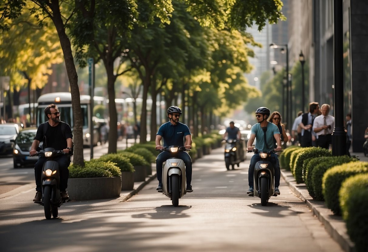 A bustling city street with pedestrians, cyclists, and electric scooters. Greenery lines the sidewalks, and public transportation is easily accessible