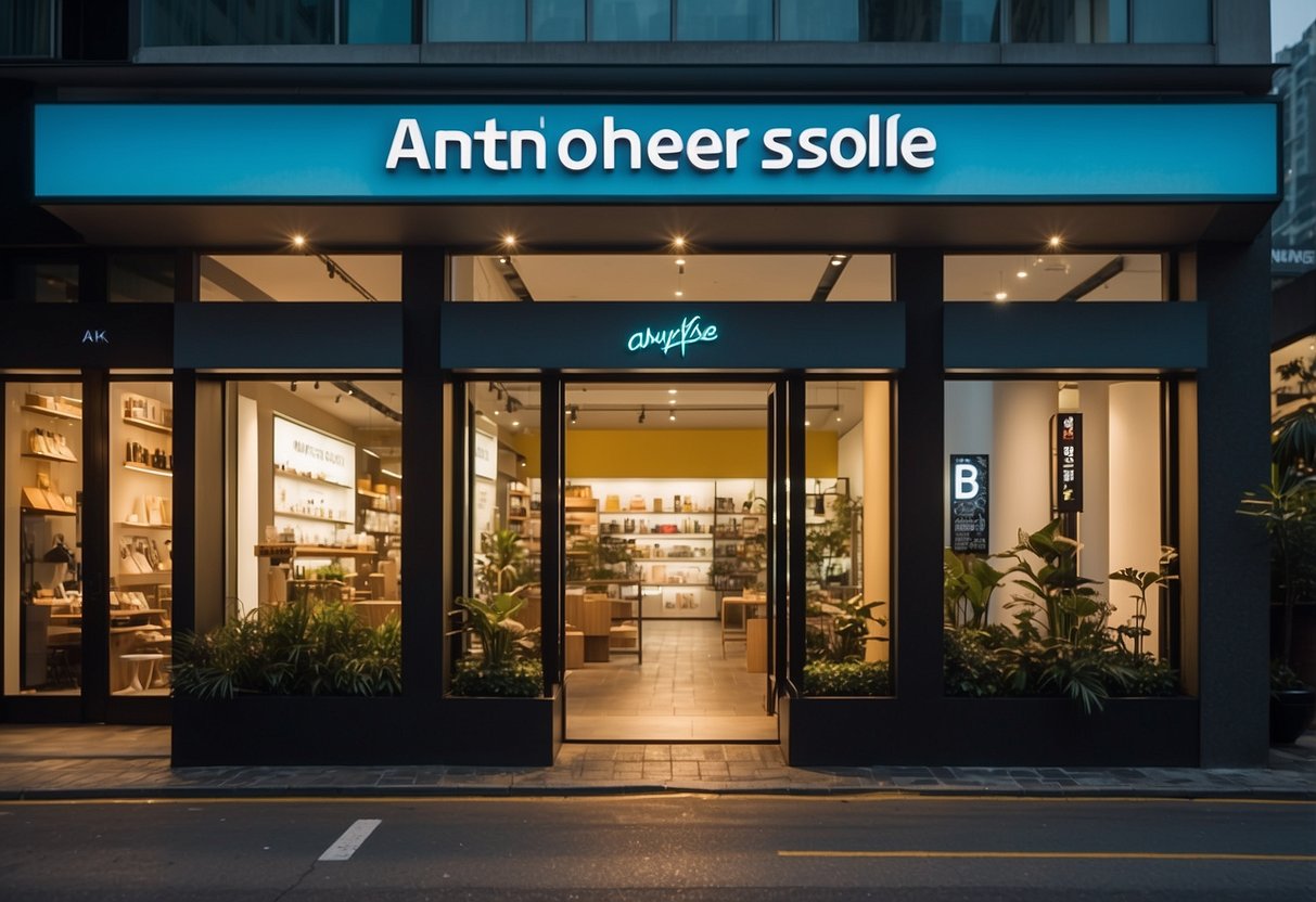 A bright, modern storefront with the "anothersole singapore" logo prominently displayed. Surrounding shops and bustling foot traffic indicate a prime urban location