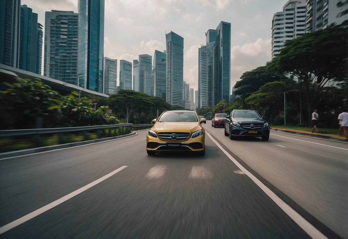 Cars driving on Pasir Panjang Road, Singapore, with tall buildings lining the street and pedestrians walking on the sidewalks
