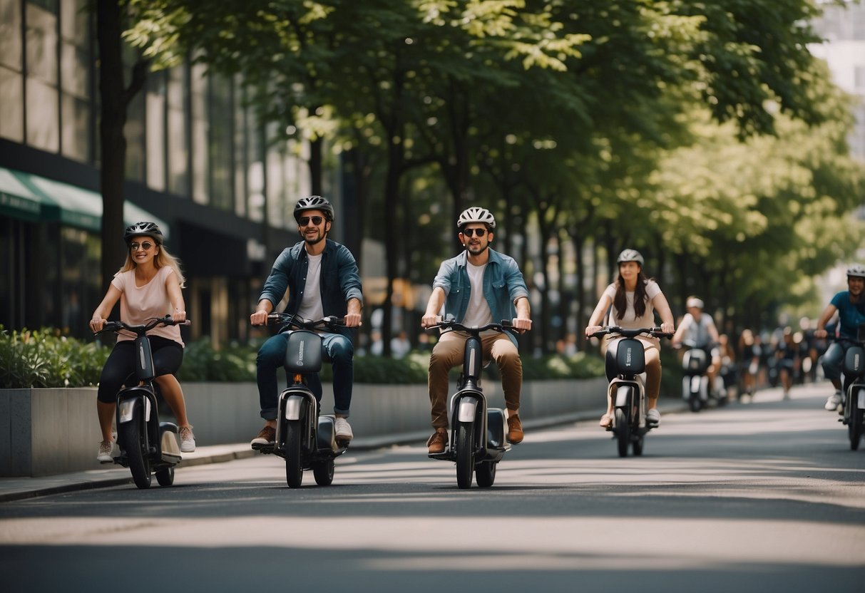 A bustling city street with cyclists, pedestrians, and electric scooters. Buildings with greenery and public transportation in the background
