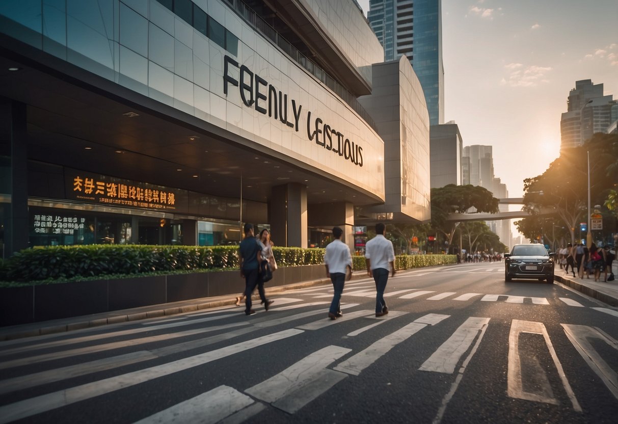 A bustling city street with pedestrians passing by a sign that reads "Frequently Asked Questions - car lite singapore." The scene is filled with energy and movement