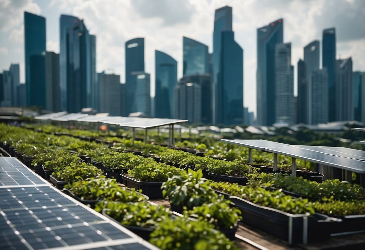 A bustling city skyline with green rooftops and solar panels, showcasing the integration of sustainable business and innovation initiatives in Singapore