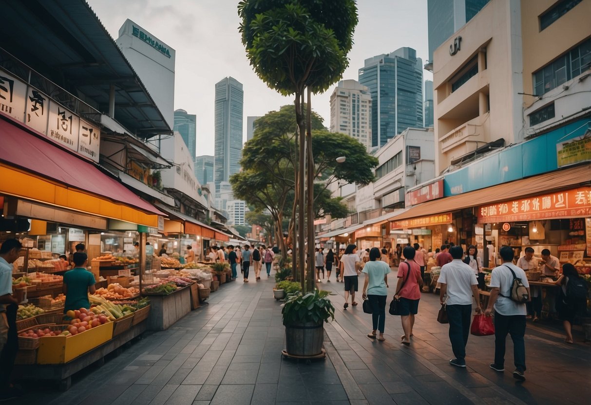 A bustling street in Singapore, with vibrant rhubarb-colored signs and bustling activity
