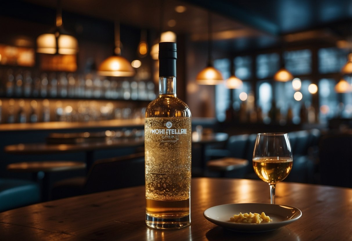 A bustling restaurant with modern decor, dim lighting, and a vibrant atmosphere. Tables are set with elegant tableware and the bar is lined with bottles of top-shelf liquor
