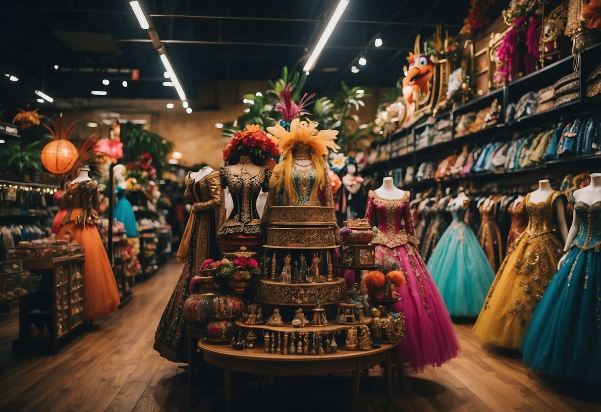 A bustling costume shop in Singapore, filled with colorful and elaborate costumes, accessories, and props. Bright lights and a variety of characters on display