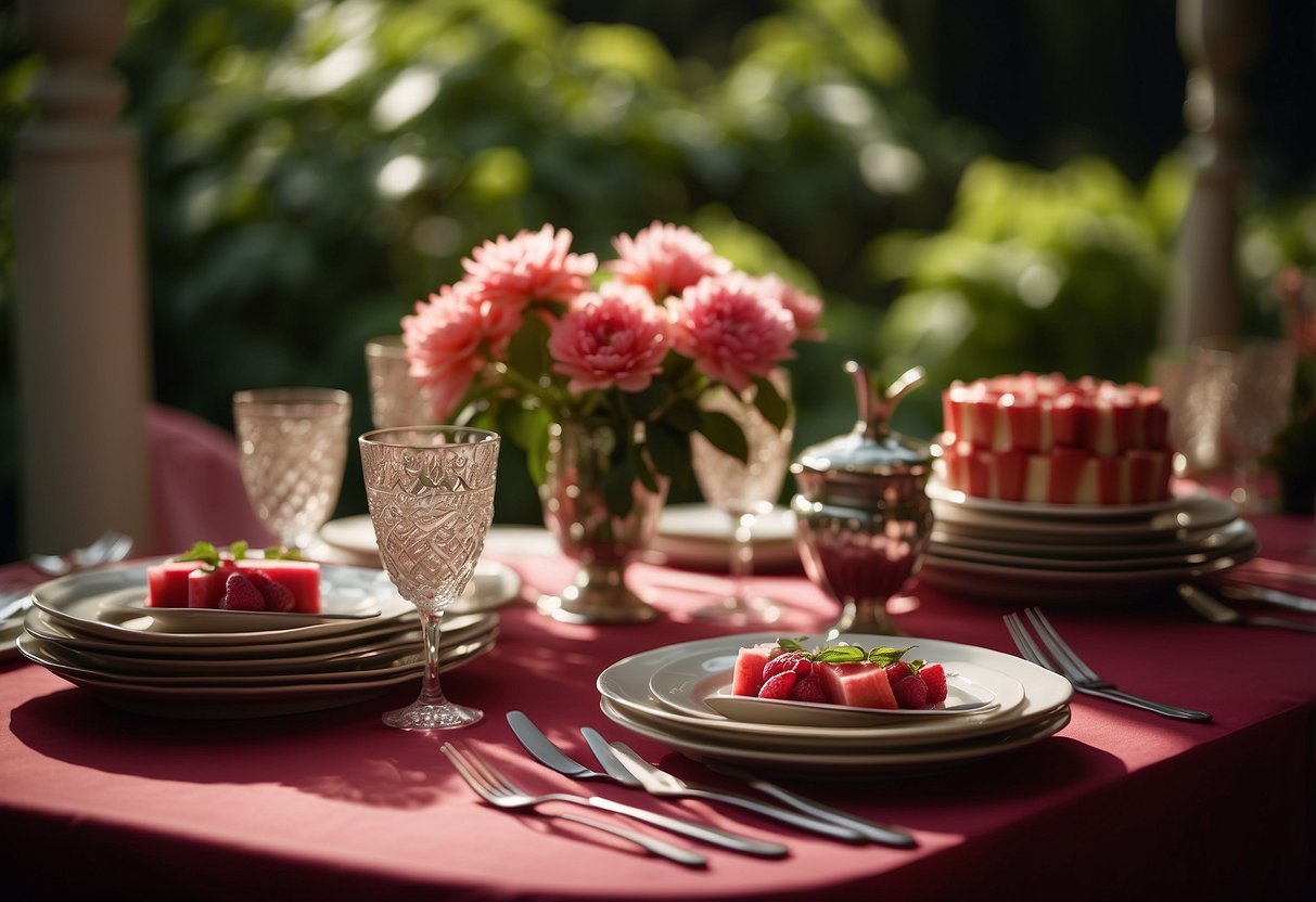 A beautifully set table with vibrant red rhubarb desserts and elegant silverware, surrounded by lush greenery and soft ambient lighting