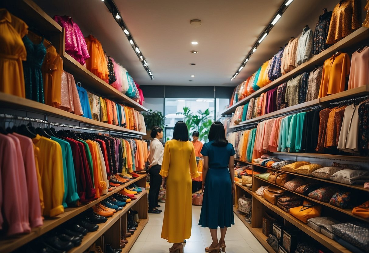 People browsing colorful costumes in Singapore shop. Bright lights, racks of outfits, and shelves of accessories fill the space