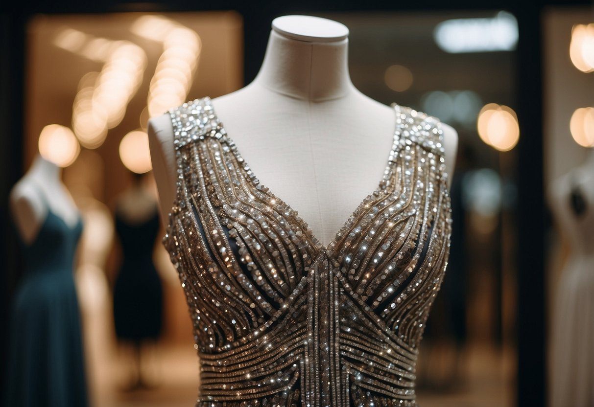 A glittering evening gown on a mannequin in a chic Singapore boutique