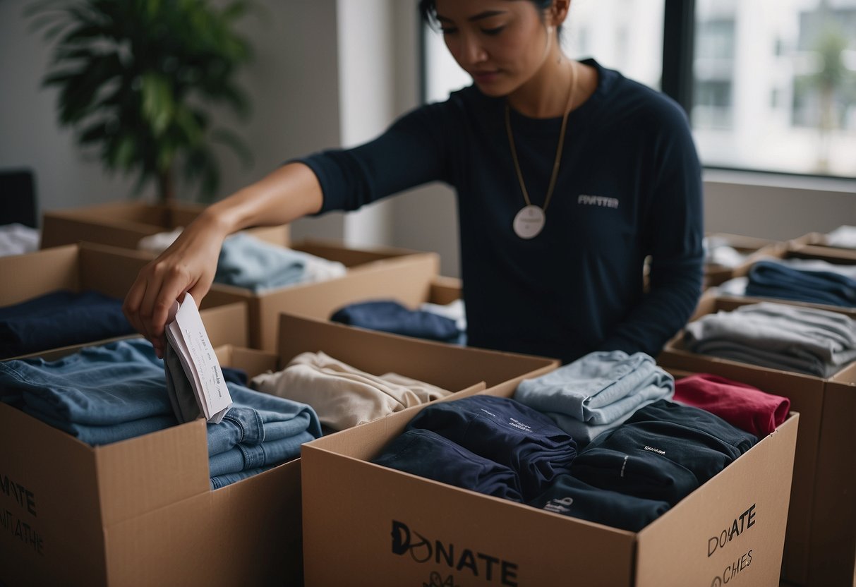 A person folds and packs clothes into a donation box labeled "Donate Clothes Singapore." The box is surrounded by neatly organized piles of clothing