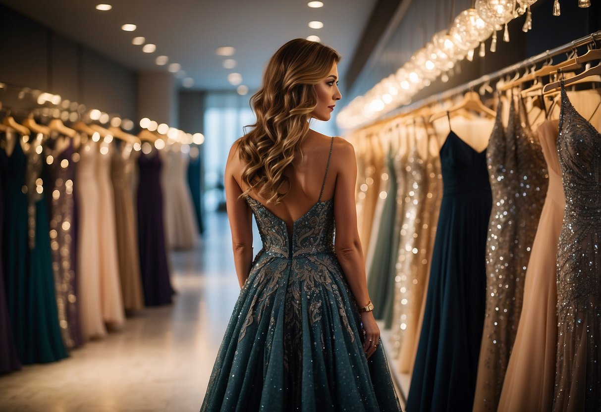 A woman stands in front of a row of elegant evening gowns, carefully examining the intricate details and luxurious fabrics. The soft lighting highlights the shimmering sequins and flowing silhouettes, creating a sense of glamour and sophistication
