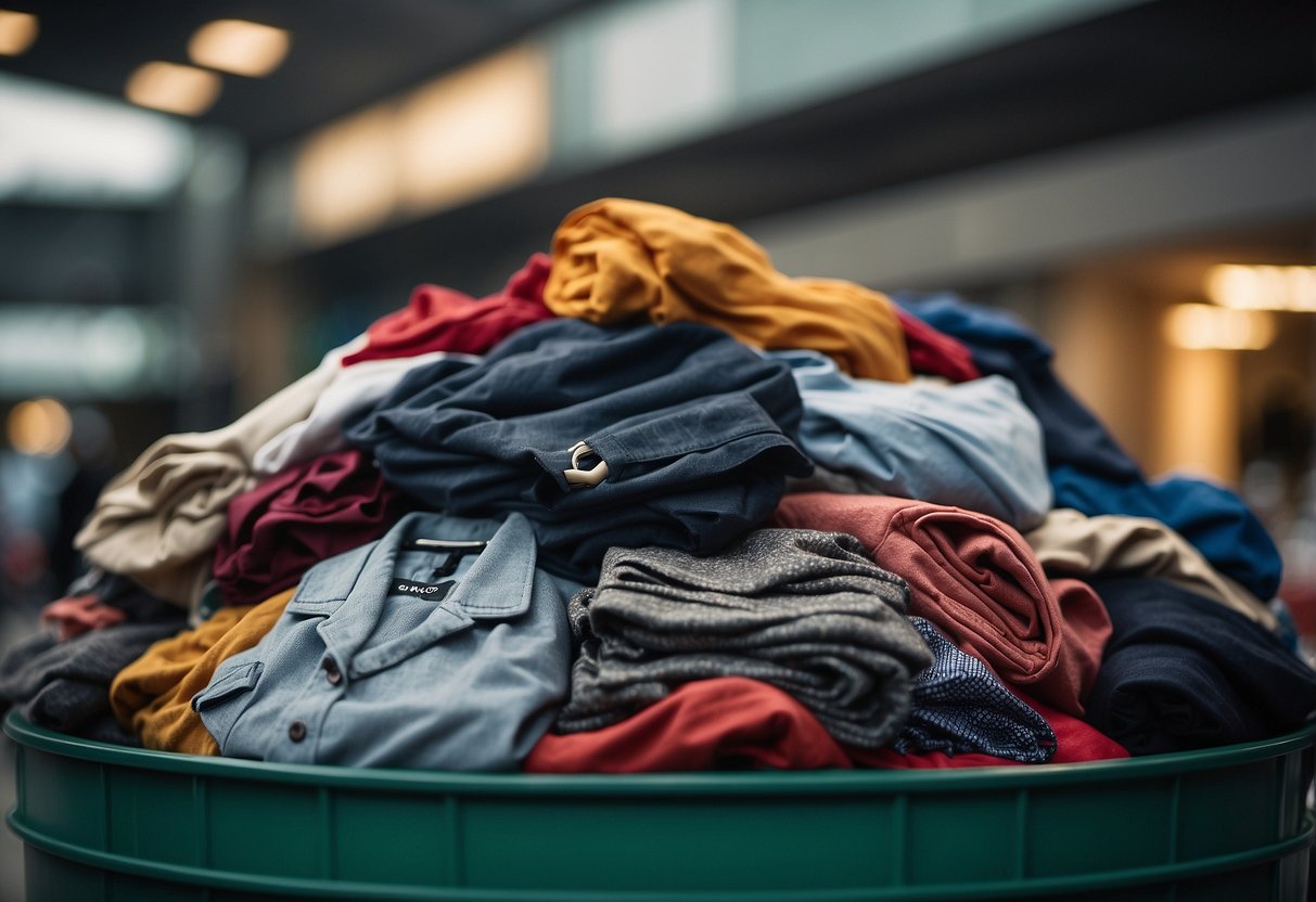 A pile of donated clothes sits in a collection bin in Singapore, with a sign reading "Frequently Asked Questions" about the donation process